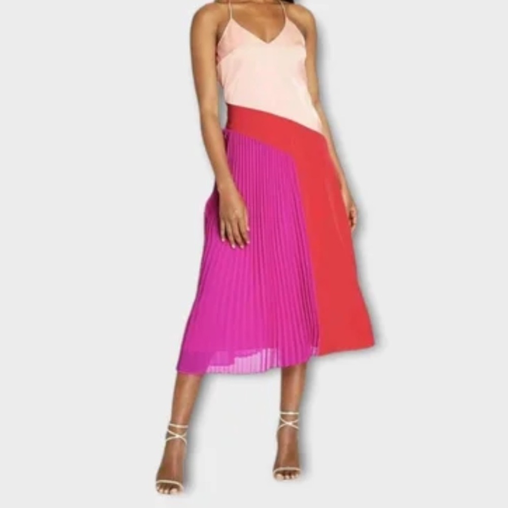 NWT Cushnie midi dress.  Size 6. Color block pleated pink red rose.